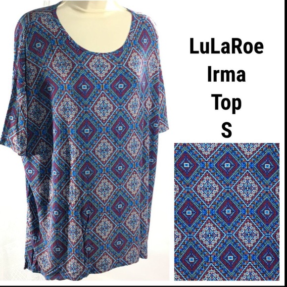 LuLaRoe Irma Aztec Geometric Boho Tunic Top S Blouse Shirt Blue Red Orange Green - Picture 10 of 10